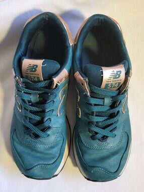 New Balance 574 Teal Green Gold Sneakers Running Shoes Women Size 7
